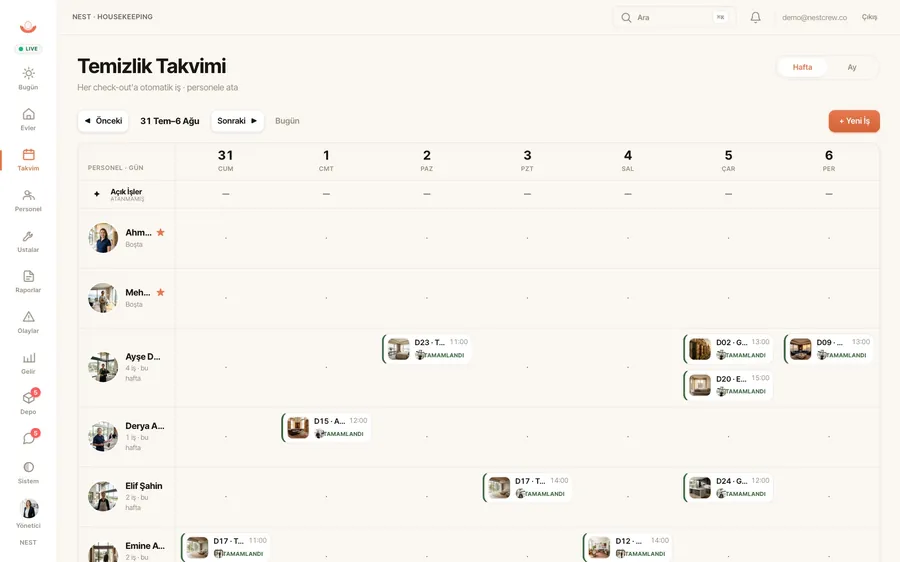 NestCrew turns check-outs into cleaning jobs and assigns them to cleaners on a weekly calendar.
