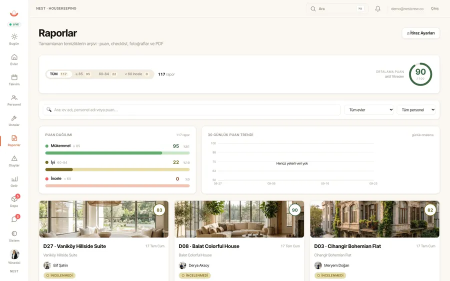 Every completed cleaning gets a report with photos and a quality score.